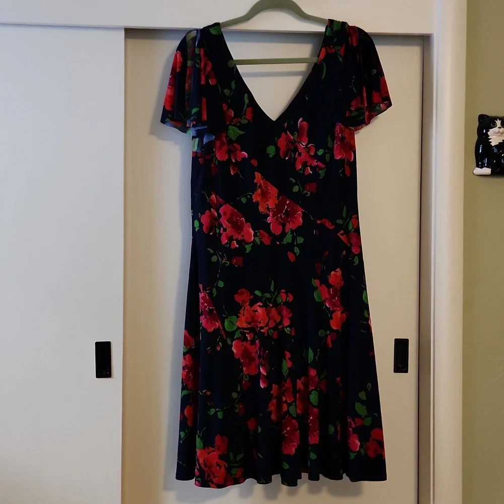 Navy Floral Flutter Sleeve Dress - Picture 1 of 3